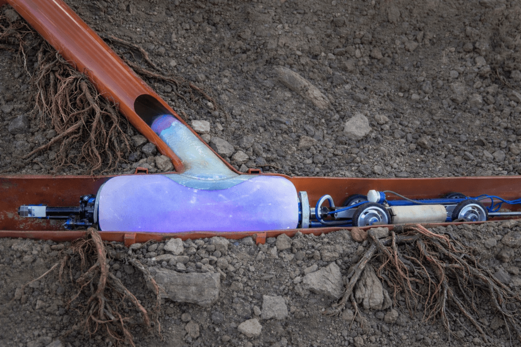 Top hat sewer saddle lining installed at city sewer lateral connection using trenchless pipe lining